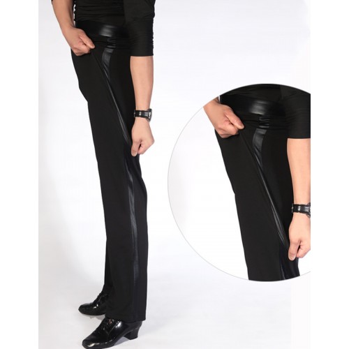 Men's youth ballroom latin competition dance pants wide with ribbon Stretchable fabric  flamenco waltz tango foxtrot standard dance long pants modern dance pants for male
